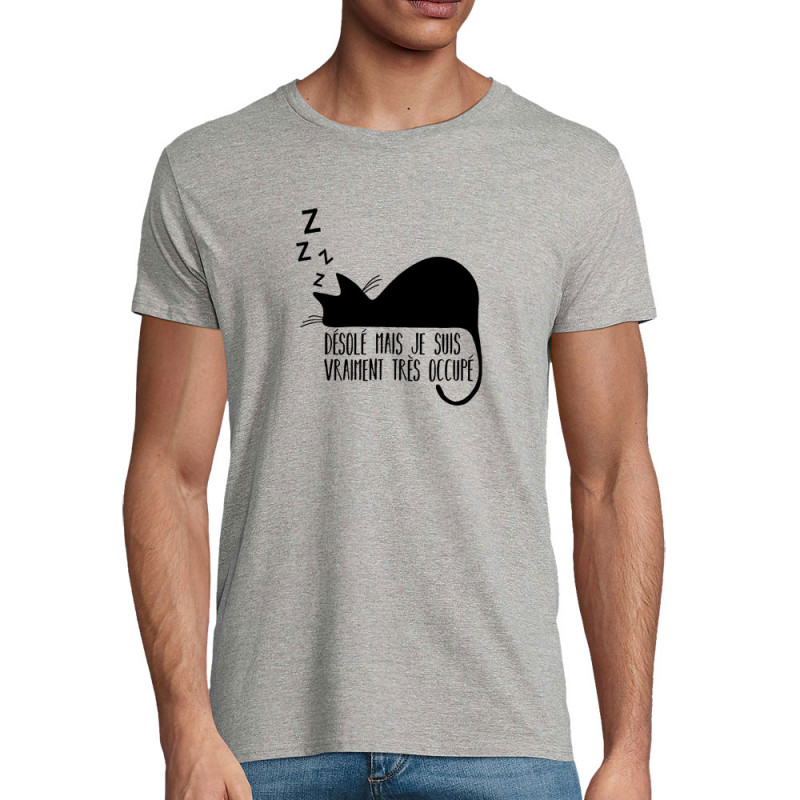T-shirt homme coton bio gris chiné Désolé mais je suis très occupé (Gondrax,Animaux,Humour,Chats,Paresse)