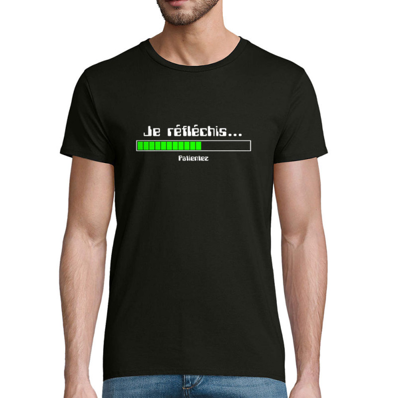 T-shirt homme coton bio noir Je réfléchis Patientez (Gondrax,Jeux Vidéo / Geek,Humour,Des chiffres et des lettres,Devoirs de vac