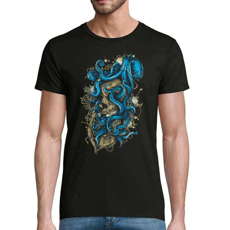 T-shirt homme coton bio noir Santa Muerte - Octopus Skull (Santa Muerte,Têtes de morts,Animaux)