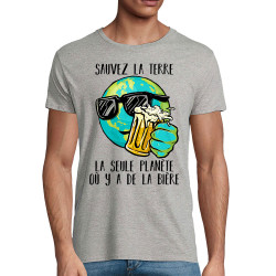 T-shirt homme coton bio gris chiné Sauvez la terre Bière (Gondrax,Alcool,Ecologie,Humour)