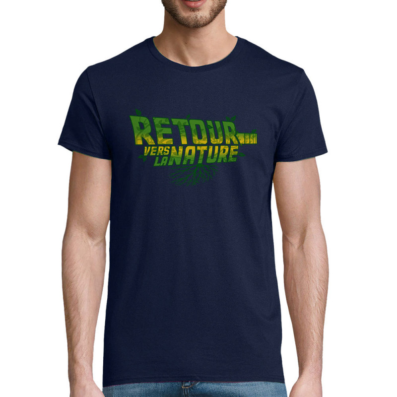T-shirt homme coton bio bleu marine Retour vers la nature (Gondrax,Ecologie,Films/Séries,Détournements)