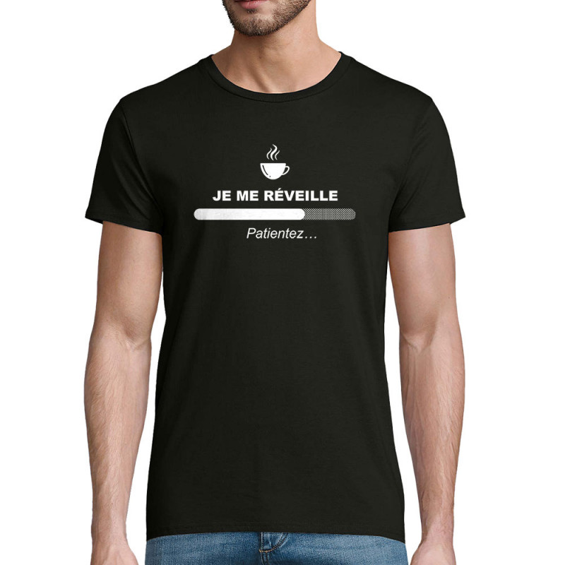 T-shirt homme coton bio noir Je me réveille café (Gondrax,Humour,Jeux Vidéo / Geek,Fruits & Légumes,Paresse)