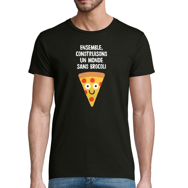 T-shirt homme coton bio noir Construisons un monde sans brocoli (Alex Kidd,Fruits & Légumes,Humour)