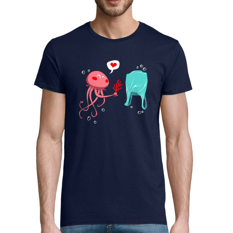 T-shirt homme coton bio bleu marine Méduse (Animaux,Ecologie)