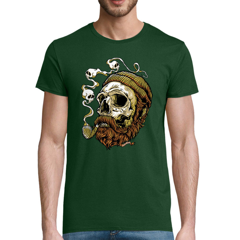 T-shirt homme coton bio vert bouteillle Santa Muerte - Smoking Skull (Santa Muerte,Têtes de morts)