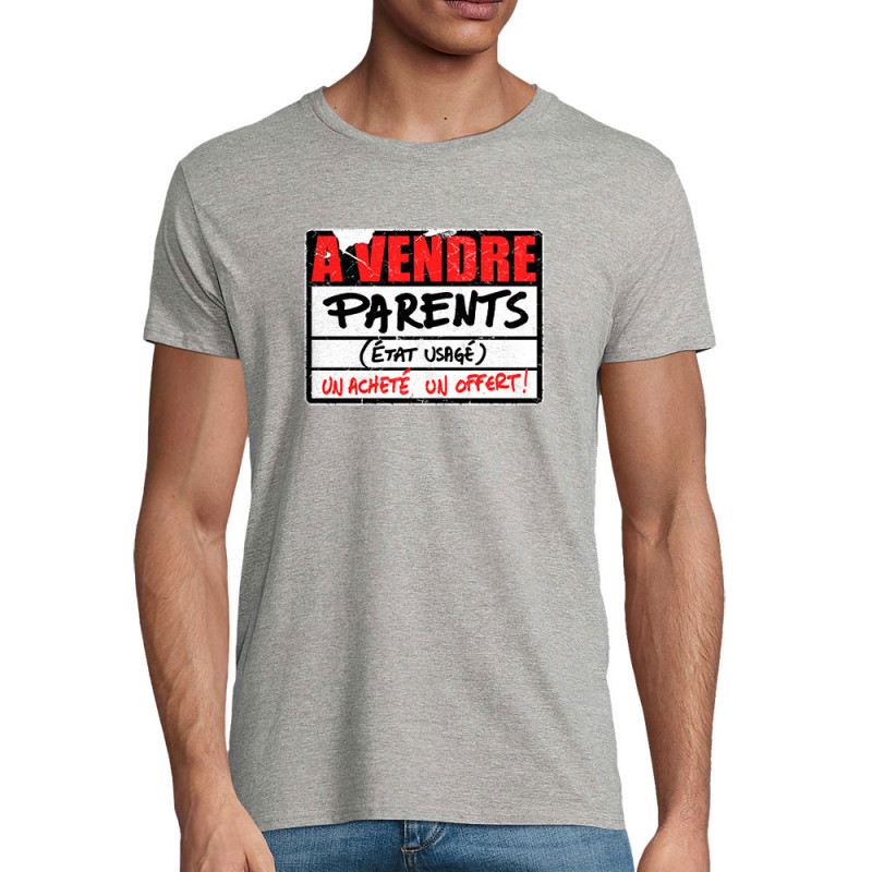 T-shirt homme coton bio gris chiné A vendre parents (Gondrax,Humour)