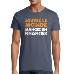 T-shirt homme coton bio bleu denim Sauvez le monde (Ted Boundy,Slogans engagés,Humour)