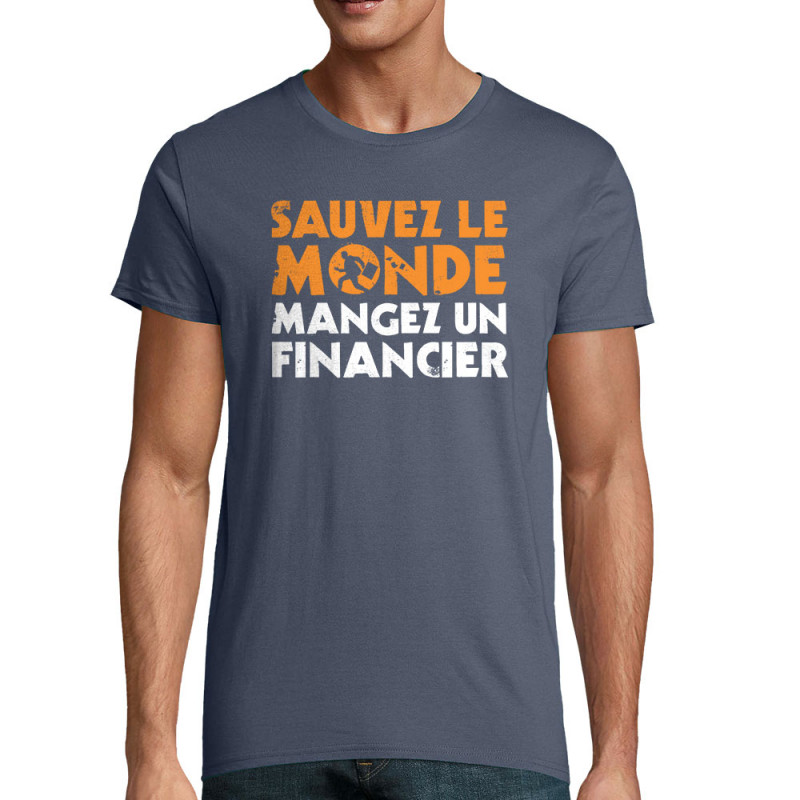 T-shirt homme coton bio bleu denim Sauvez le monde (Ted Boundy,Slogans engagés,Humour)