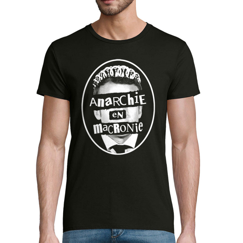 T-shirt homme coton bio noir Anarchie en Macronie (Gondrax,Slogans engagés,Humour)