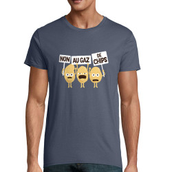 T-shirt homme coton bio bleu denim Non au gaz de chips (Alex Kidd,Humour,Fruits & Légumes)
