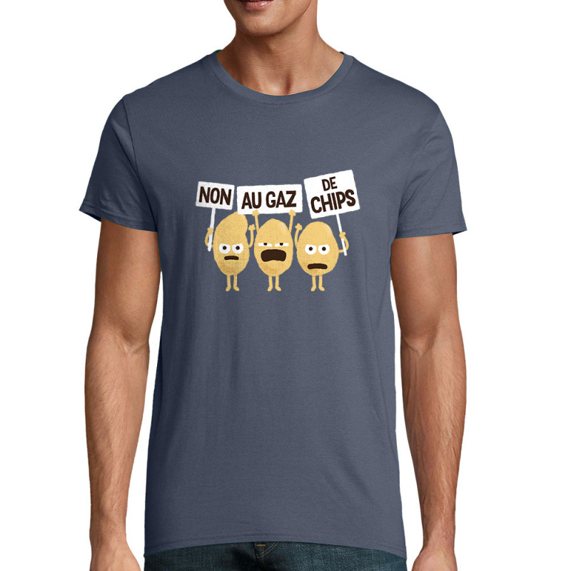 T-shirt homme coton bio bleu denim Non au gaz de chips (Alex Kidd,Humour,Fruits & Légumes)