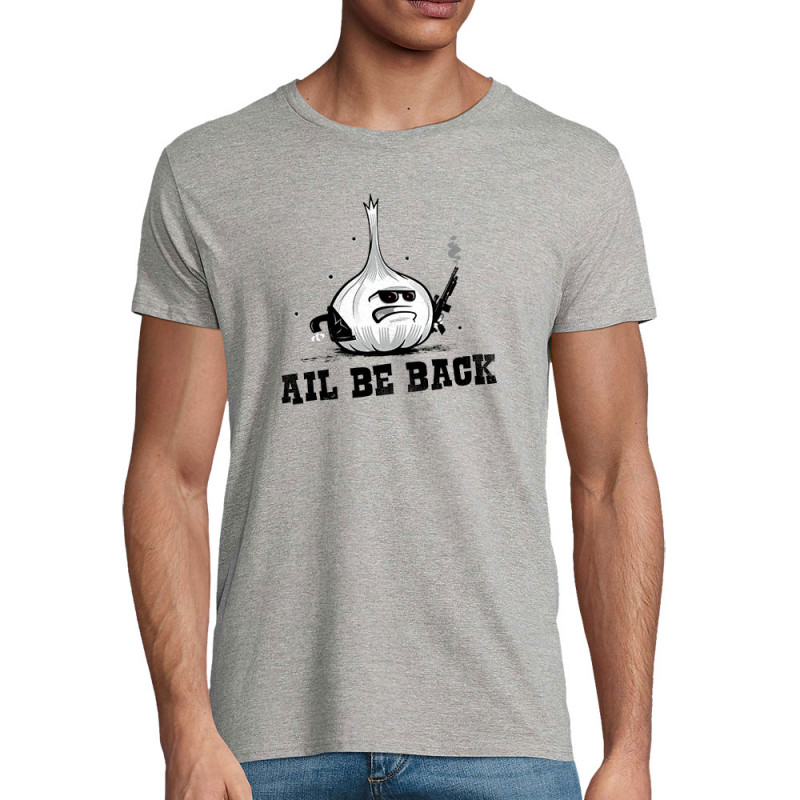 T-shirt homme coton bio gris chiné Ail Be Back (Ted Boundy,Fruits & Légumes,Humour)