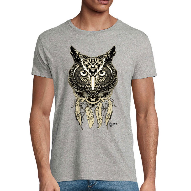 T-shirt homme coton bio gris chiné Bad River - Little Owl (Bad River,Animaux,Ethnique)