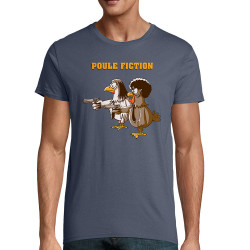 T-shirt homme coton bio bleu denim Poule Fiction (Mr Mouton,Animaux,Films/Séries)