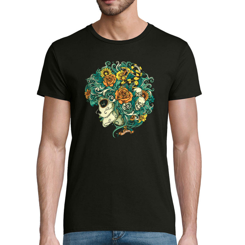 T-shirt homme coton bio noir Santa Muerte - Flourish Dead Girl (Santa Muerte,Têtes de morts)