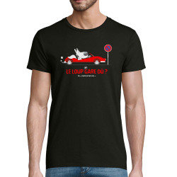 T-shirt homme coton bio noir Le Loup se gare où (Pandaluna,Animaux,Humour)