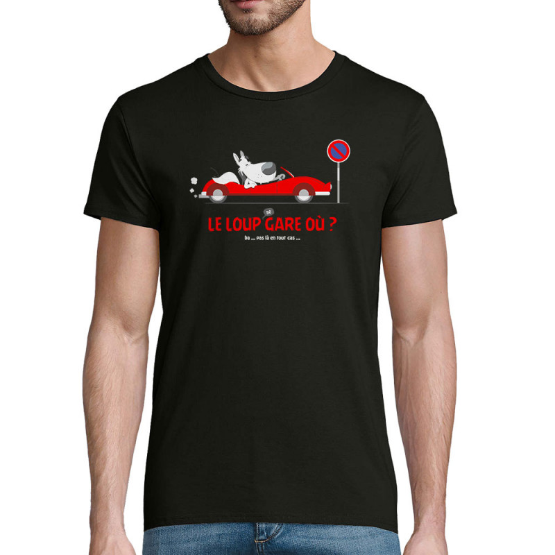 T-shirt homme coton bio noir Le Loup se gare où (Pandaluna,Animaux,Humour)