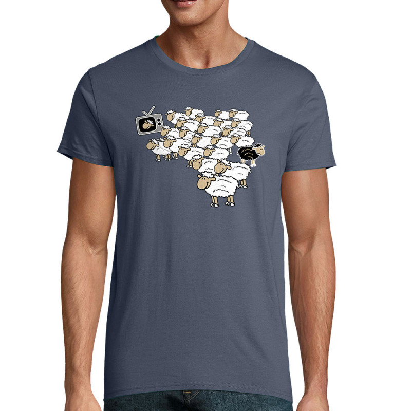 T-shirt homme coton bio bleu denim Moutons (Gondrax,Humour,Slogans engagés,Animaux)
