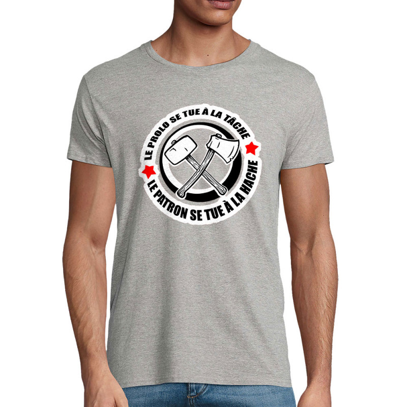 T-shirt homme coton bio gris chiné Le prolo se tue à la tâche (Slogans engagés)