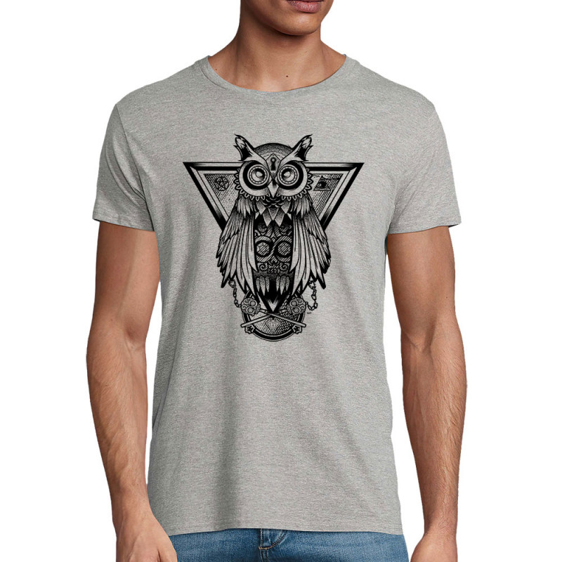 T-shirt homme coton bio gris chiné 1837 - Key Owl (Simon,1837,Animaux,Steam Punk)