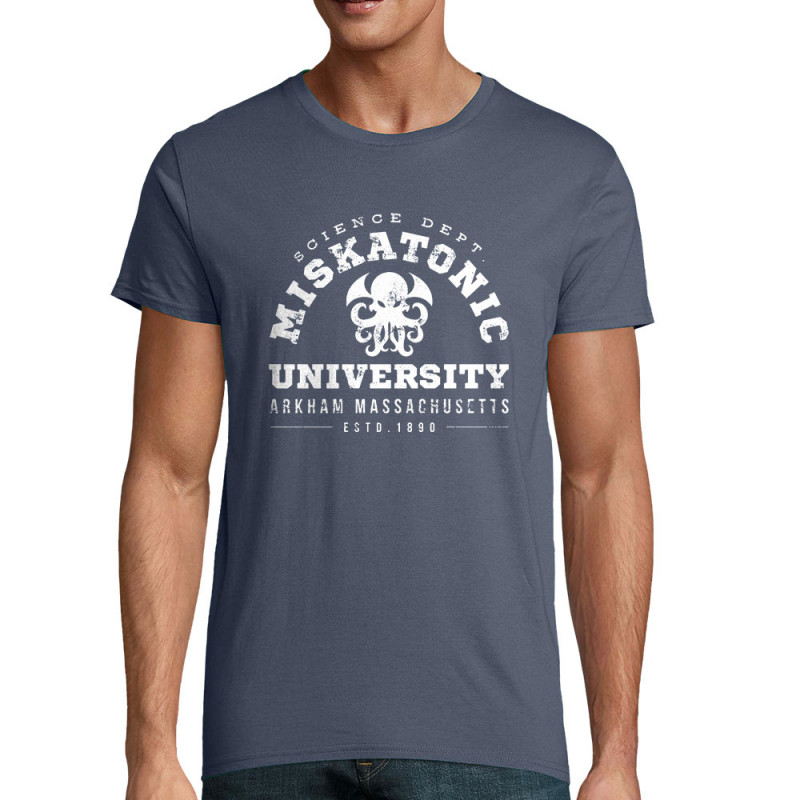 T-shirt homme coton bio bleu denim Miskatonic University (Alex Kidd,Films/Séries)