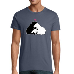 T-shirt homme coton bio bleu denim Panda Family (Fantine,Animaux)
