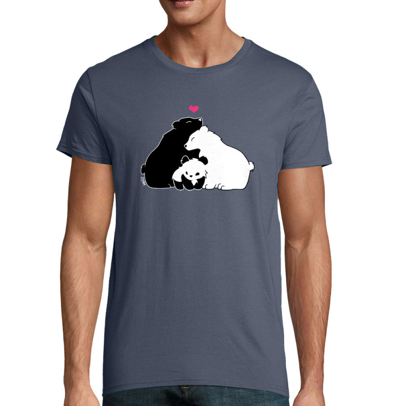 T-shirt homme coton bio bleu denim Panda Family (Fantine,Animaux)
