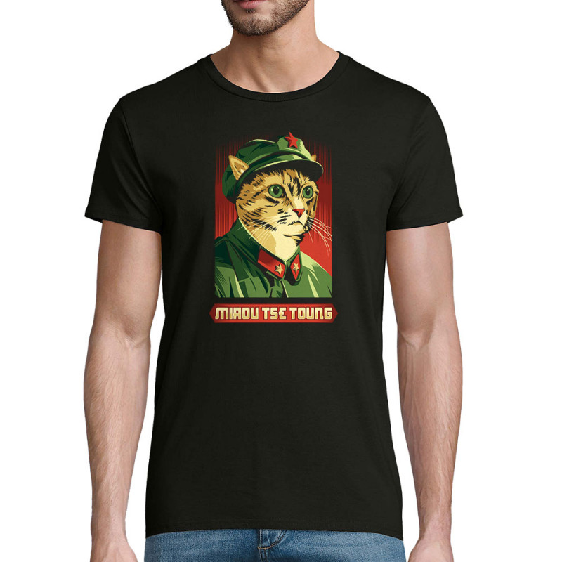 T-shirt homme coton bio noir Miaou Tse Toung (Animaux,Humour,Chats)