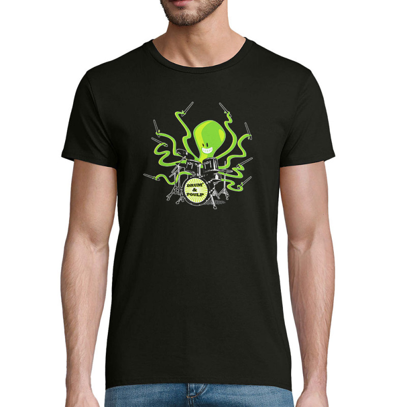 T-shirt homme coton bio noir Poulpy Drum (Animaux,Humour,Ted Boundy)