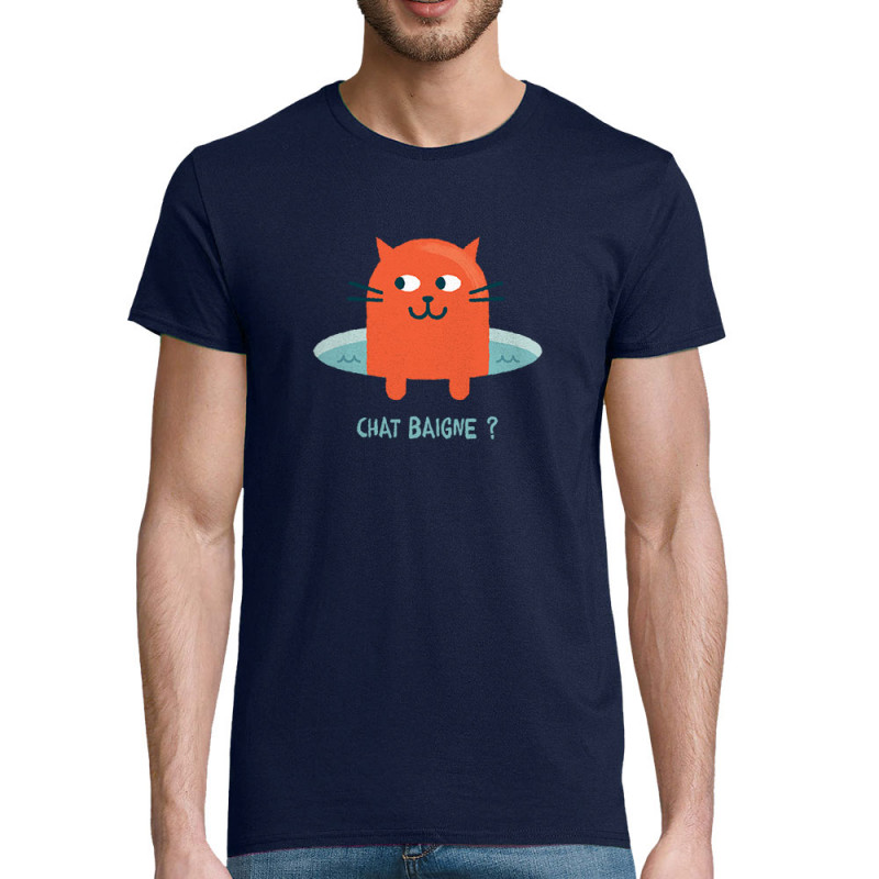 T-shirt homme coton bio bleu marine Chat baigne ? (Alex Kidd,Animaux,Humour,Chats)