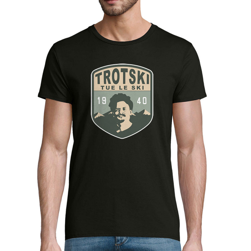 T-shirt homme coton bio noir Trotski tue le ski (Andy,Humour)