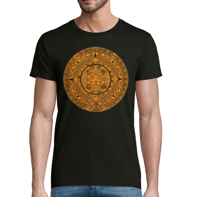 T-shirt homme coton bio noir Calendrier Aztèque (Ethnique)