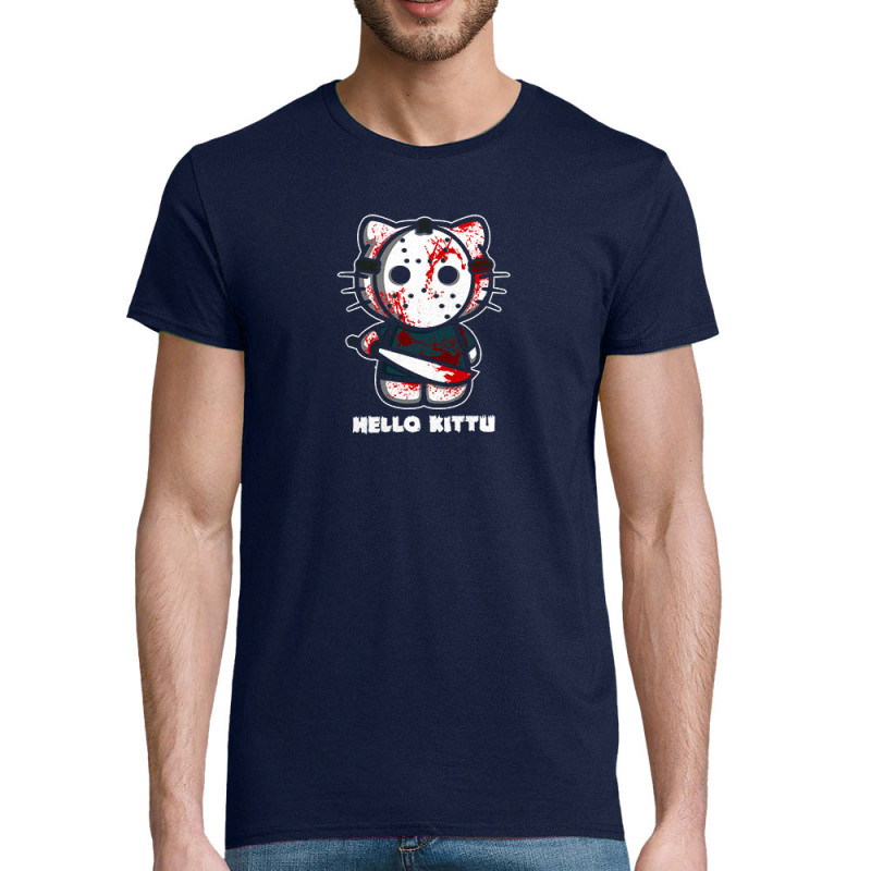 T-shirt homme coton bio bleu marine Hello Kittu (Blacksquare,Films/Séries,Humour,Manga Kawaï japan,Chats)