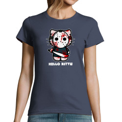 T-shirt femme bleu denim Hello Kittu (Blacksquare,Films/Séries,Humour,Manga Kawaï japan,Chats)