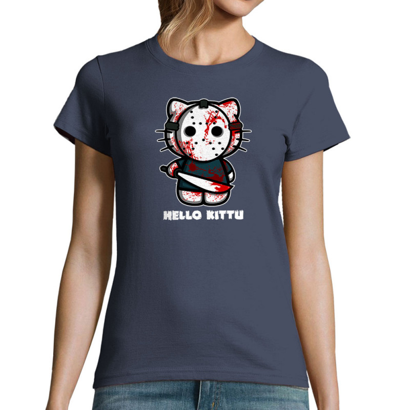 T-shirt femme bleu denim Hello Kittu (Blacksquare,Films/Séries,Humour,Manga Kawaï japan,Chats)