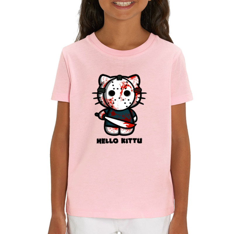 T-shirt enfant coton bio rose clair Hello Kittu (Blacksquare,Films/Séries,Humour,Manga Kawaï japan,Chats)