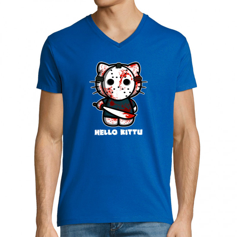 T-shirt homme col V bleu royal Hello Kittu (Blacksquare,Films/Séries,Humour,Manga Kawaï japan,Chats)