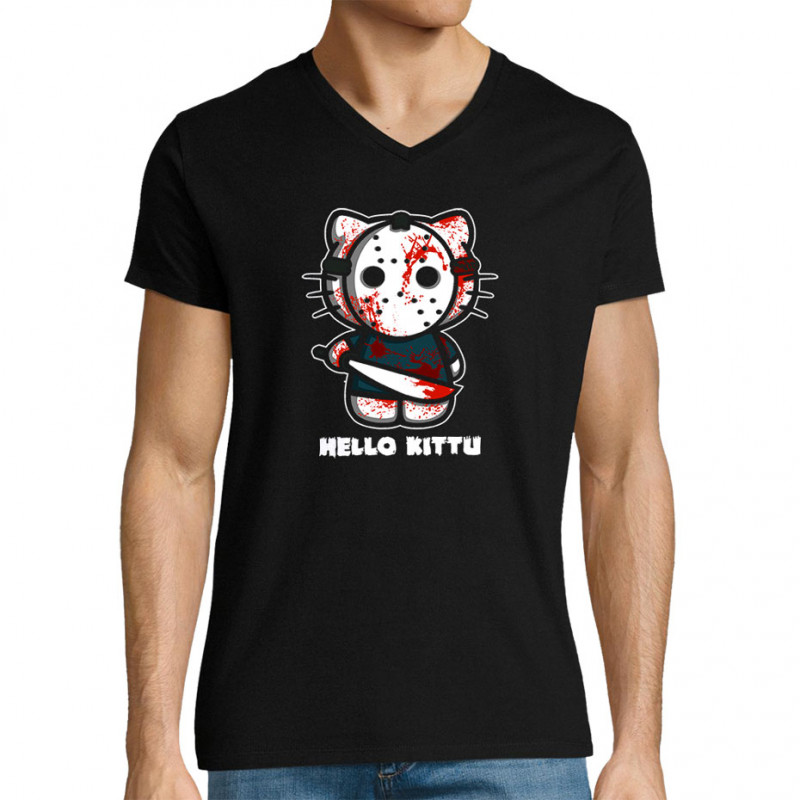 T-shirt homme col V noir Hello Kittu (Blacksquare,Films/Séries,Humour,Manga Kawaï japan,Chats)