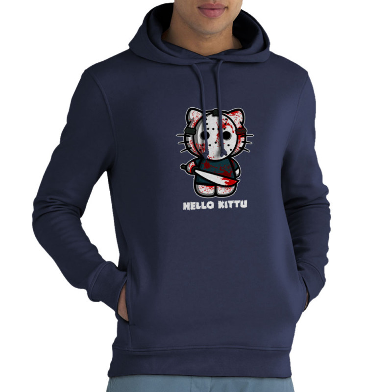 Sweat homme à capuche coton bio bleu marine Hello Kittu (Blacksquare,Films/Séries,Humour,Manga Kawaï japan,Chats)