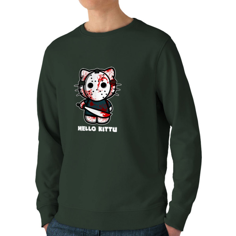Sweat homme bio col rond vert foncé Hello Kittu (Blacksquare,Films/Séries,Humour,Manga Kawaï japan,Chats)