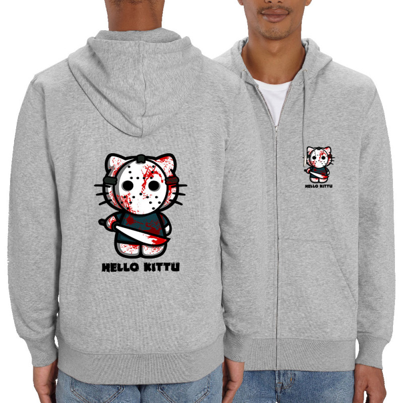 Sweat homme zippé à capuche coton bio gris chiné Hello Kittu (Blacksquare,Films/Séries,Humour,Manga Kawaï japan,Chats)