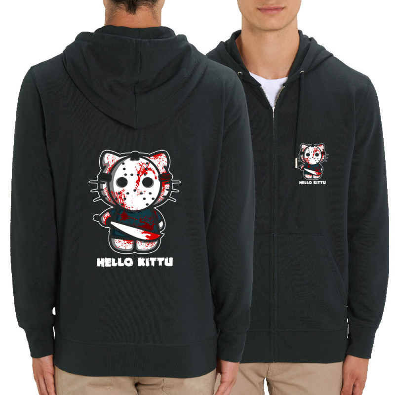 Sweat homme zippé à capuche coton bio noir Hello Kittu (Blacksquare,Films/Séries,Humour,Manga Kawaï japan,Chats)