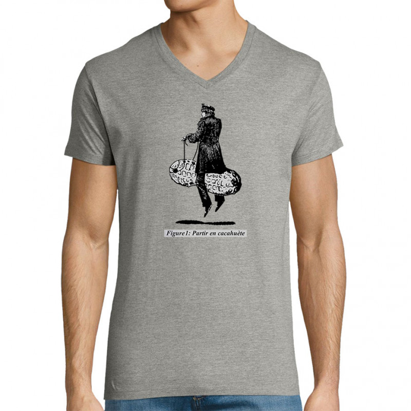 T-shirt homme col V gris chiné Partir en cacahuète (Blacksquare,Humour,Partir en …)