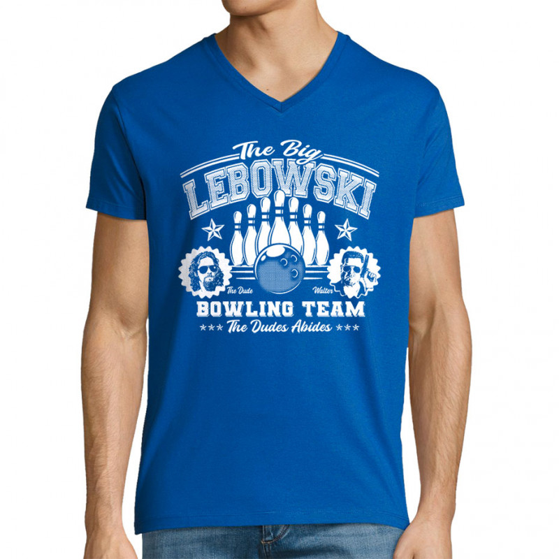 T-shirt homme col V bleu royal Big Lebowski College (Films/Séries)