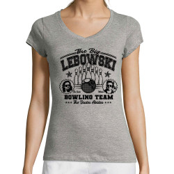 T-shirt femme col V gris chiné Big Lebowski College (Films/Séries)