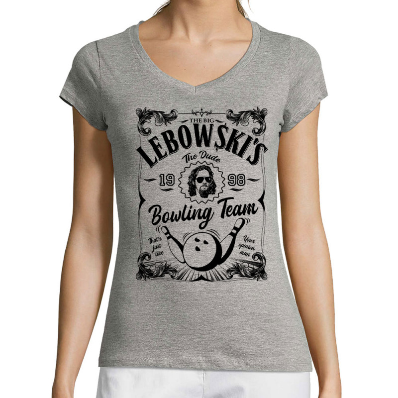 T-shirt femme col V gris chiné Big Lebowski (Films/Séries)