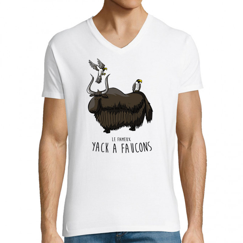 T-shirt homme col V blanc Yack à faucons (Mr Mouton,Animaux,Humour)