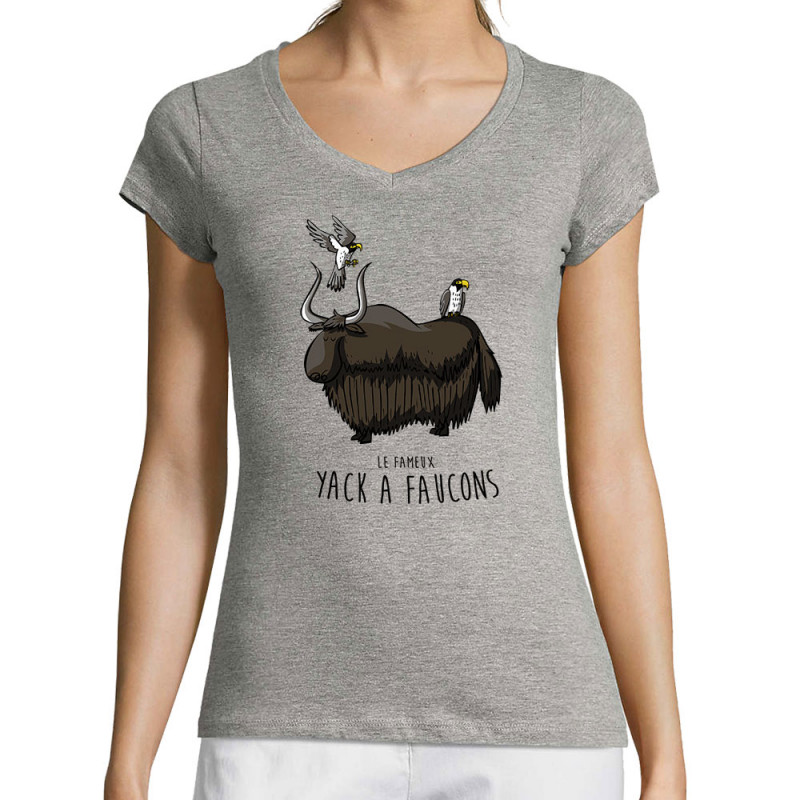 T-shirt femme col V gris chiné Yack à faucons (Mr Mouton,Animaux,Humour)