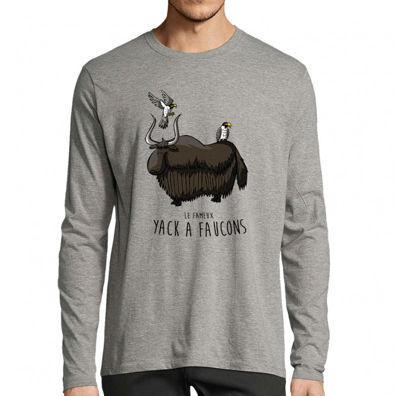 T-shirt homme manches longues gris chiné Yack à faucons (Mr Mouton,Animaux,Humour)