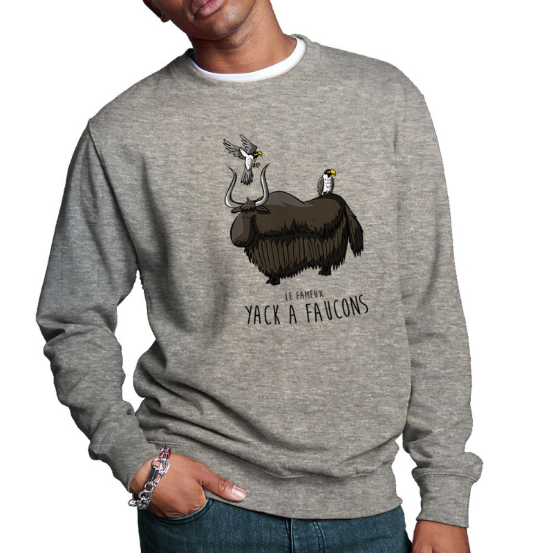 Sweat homme col rond gris chiné Yack à faucons (Mr Mouton,Animaux,Humour)